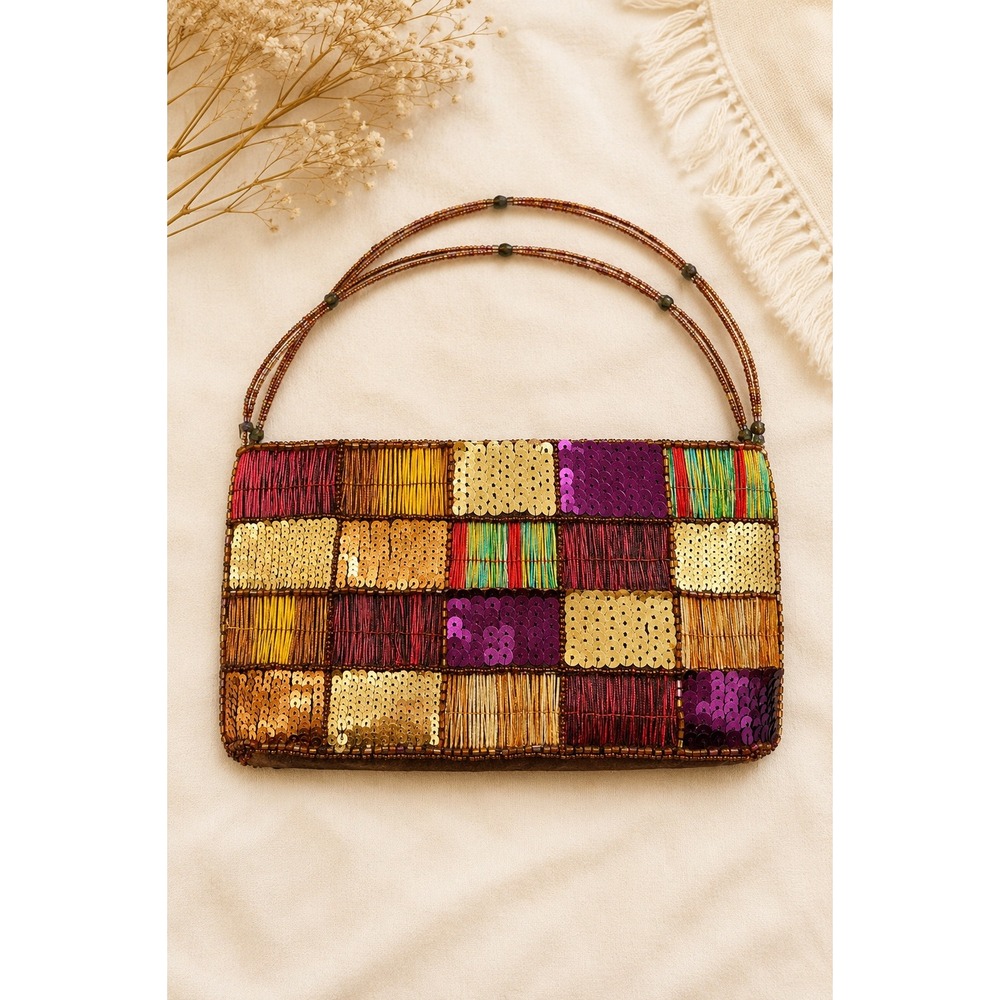 Vintage Beaded Patchwork Evening Bag Sequin Purse Prom Wedding Hippie Boho HoCo
